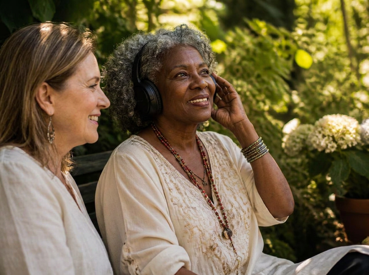 An older woman listening to music in a garden beside her companion